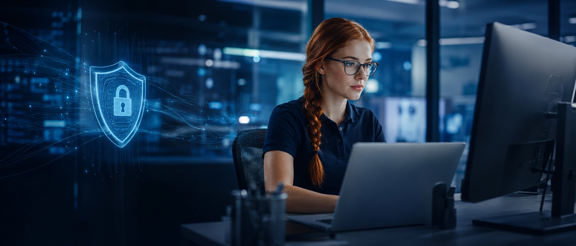 Pracowniczka szkoląca się z cyberbezpieczeństwa NIS2 w nowoczesnym biurze